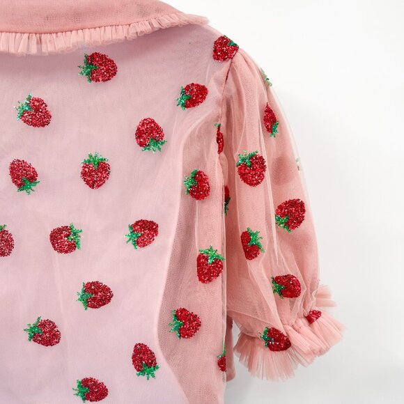 Lirika Matoshi Strawberry Print Tulle Tie Front Collared Cropped Blouse Top - Picture 10 of 11